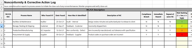 Non-conformance Action Log Example